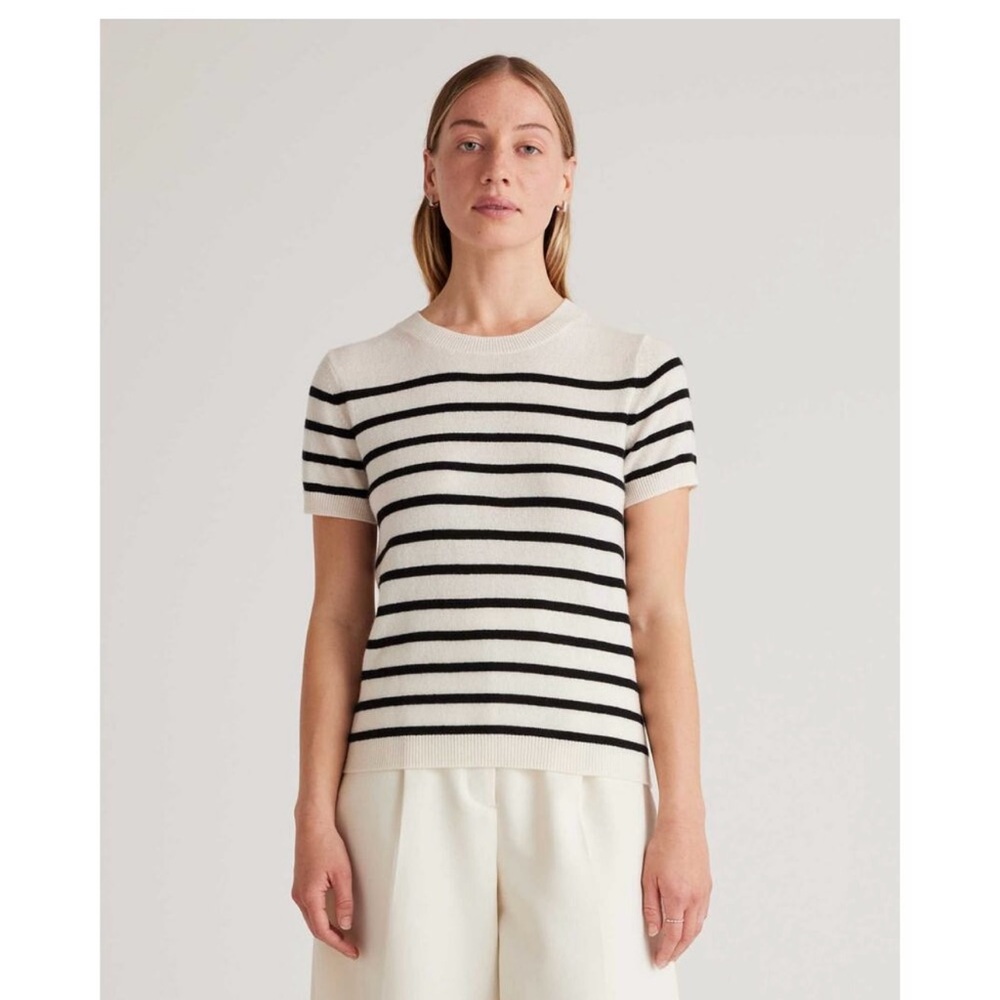 QUINCE Sz XL Short Sleeve 100% Cashmere Sweater Ivory Black Striped EUC Classic